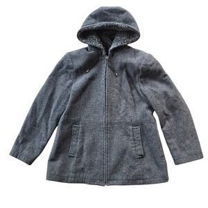 Fleet Street Wool Pea Coat Womens L Charcoal Gray Sherpa Hooded Zip Jacket